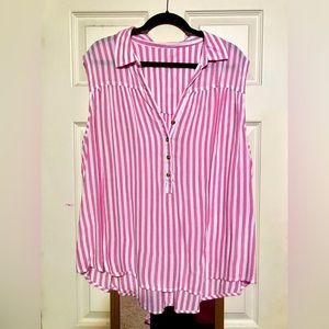 Plus Size Pink and White Striped Sleeveless Blouse with Buttons 3X 4X